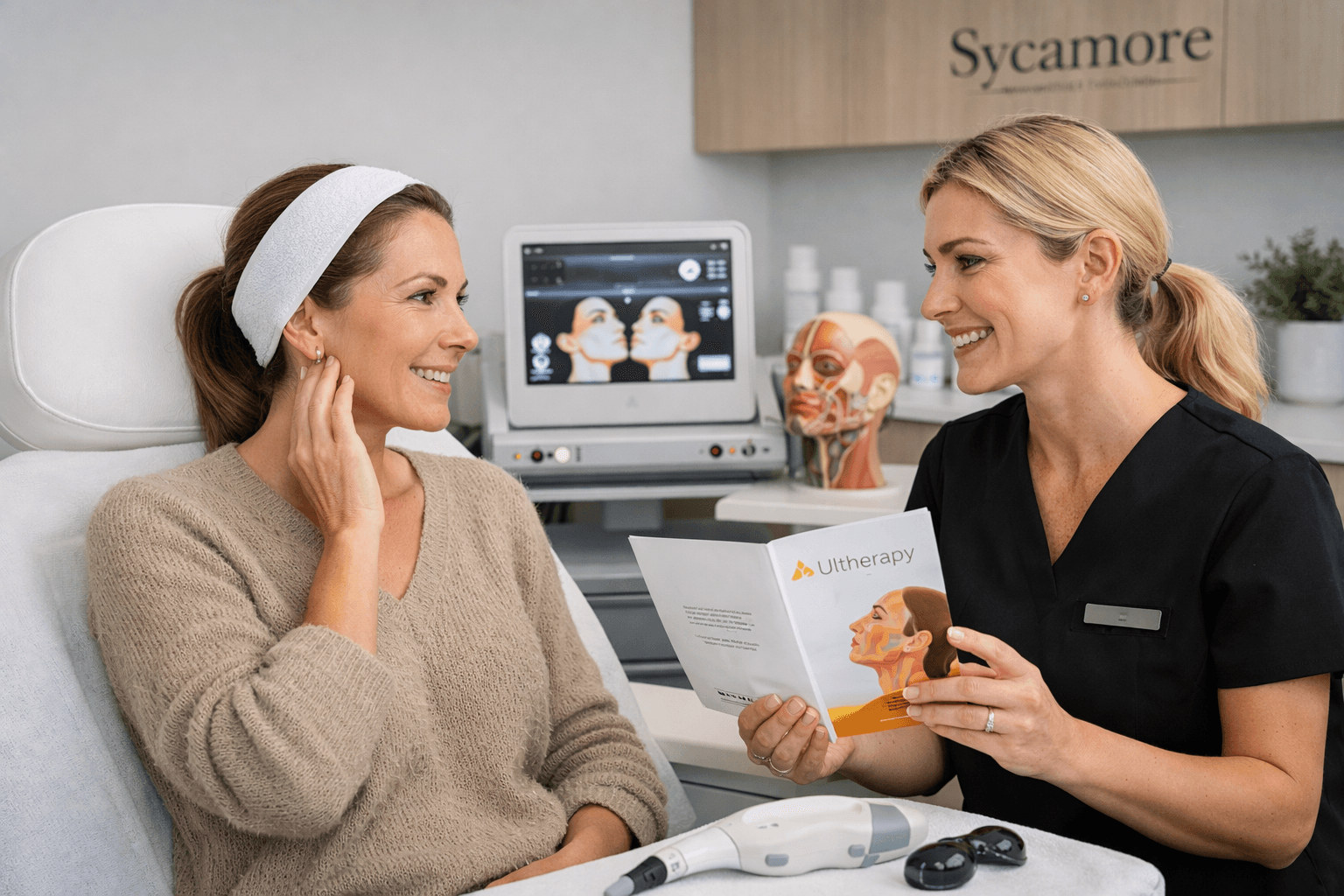 Client consultation for Ultherapy Canberra treatment focused on non-surgical skin tightening and lifting